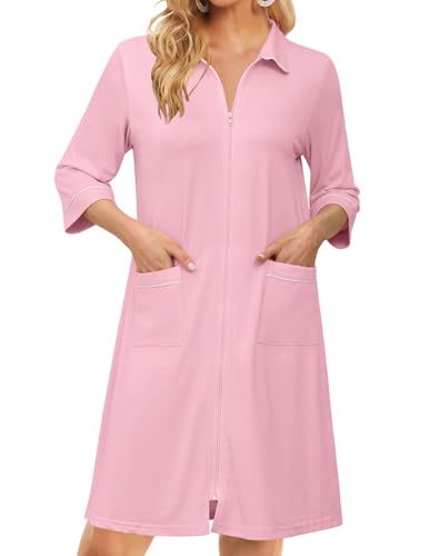 Ekouaer Zipper Robes for Women 3/4 Sleeve Housecoats Knee Length Bathrobe Lightweight Nightgown with Pockets