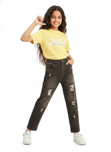 Image of olele Girls Super Jeans Collection for 4-14 Yrs | Stretchable Cotton Denim Trousers | Blue Jeans for Kids | Baggy Denim Pants | Cargo Pants for Girls