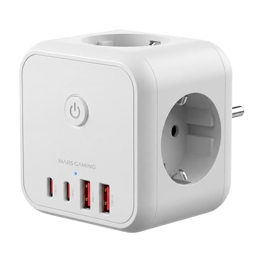 Mars Gaming MD-CUBE20, Powercube Multifonction Compact, 3X Prises SCHUKO + 2X USB-C + 2X USB-A, Charge Rapide PD 20W, Technologie GaN, Bouton on/Off avec...
