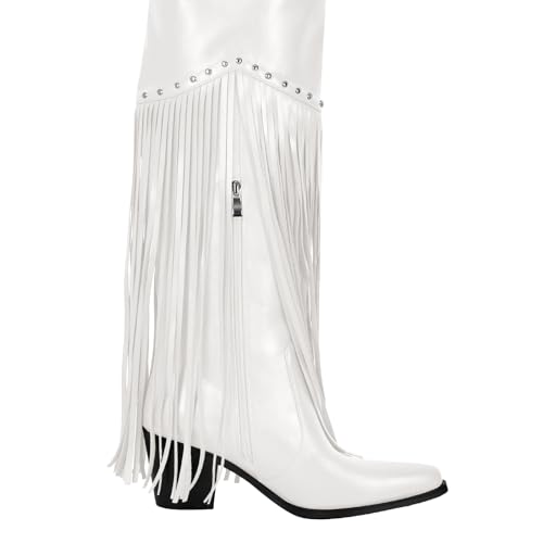 Image of richealnini Western Thigh High Cowboy Boots with Fringe Over Knee Wide Calf Cowgirl Boots