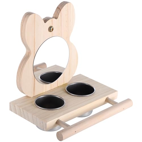 Image of Parrot Bird Perch with Mirror and Feeding Cups, Wooden Parrot Mirror Toy for Bird Cage, Bird Food Water Feeder Perch for Budgie Parakeet Lovebird African Grey Macaw Cockatiels