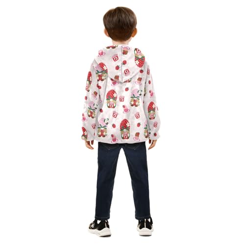 Cute Pink Strawberry Cake Gnomes Girls Fleece Jacket Girls Fall Jacket Girls Zip Up Hoodie Girls Sherpa Jacket 2-10T4