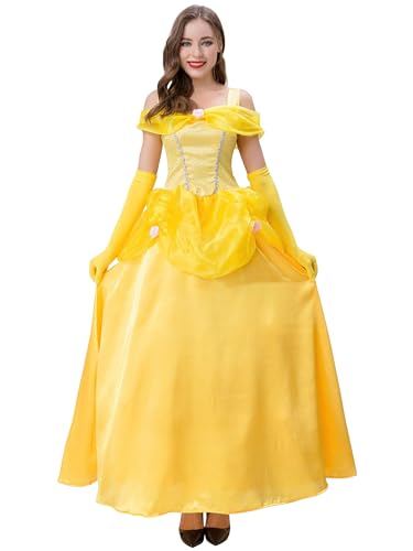 New front Vestido de Mujer Adultos Disfraz de Princesa Belle Dorada La Bella Durmiente Largo Completo Halloween Carnaval Fantasía Mágica Navidad Cosplay,Amarillo,S