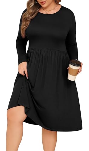 POSESHE Women's Plus Size Dresses Long Sleeves Crew Neck Casual Dresses Empire Waist Loose Flowy Dress with Pockets