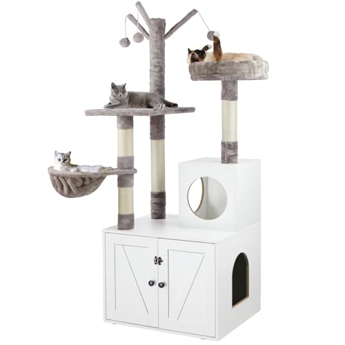 Timberer Litter Box Enclosure with Cat Tree, 2-in-1 Hidden Litter Box Furniture with Scratching Post, Modern Cat Condo, White
