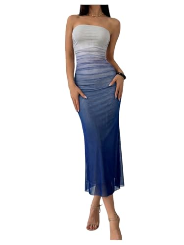 Image of GORGLITTER Women's Sunset Ombre Strapless Cocktail Bridal Shower Midi Dress | Orange Wedding Guest Dress, Mesh Tube Dress, Bridesmaid Dresses, Vacation Beach Sundresses,