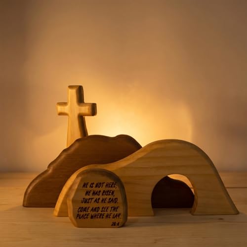 Empty Tomb Easter Scene and Cross Decoration Easter Religious Jesus Nativity Scene Decoration Wooden Plus Thick Easter Home Figurine Ornament It is a perfect Jesus Easter set of four wood pieces Suitable for Home office desktop shelf decoration