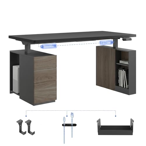 FLEXISPOT Bureau Assis Debout 160x80cm avec Caisson Latéral Modulaire, Casiers, Tiroirs & Support PC Fixe, Réglable en Hauteur, Style Élégant pour Bureau...