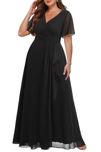 Talisea Plus Size Formal Dresses Black Wedding Guest Evening Prom Gowns Gala Chiffon Short Sleeves A...