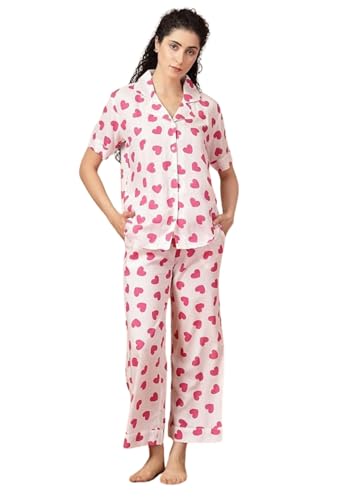 Image of Night Suit for Women's| Heart Printed Cotton Night Dress| Half Sleeves Shirt and Pajama Set(White& Red-Xs)