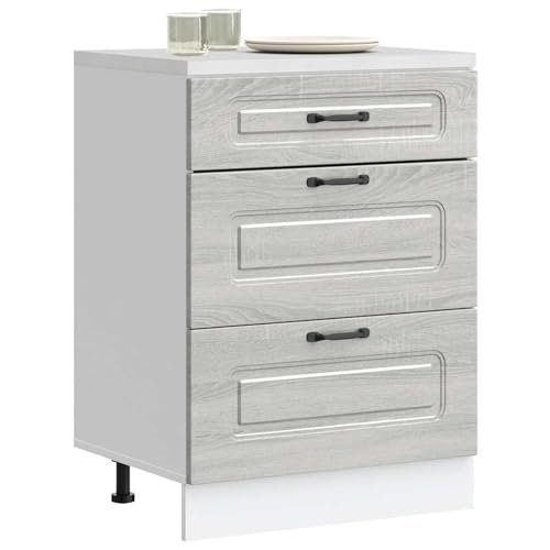 Fecpoo Mueble bajo cocina Sonoma gris madera 60 cm de ancho con dos cajones y patas ajustables en altura para cocinas empotradas