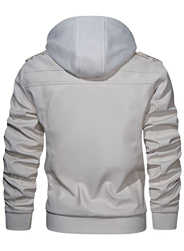 HOOD CREW Men’s Casual Stand Collar PU Faux Leather Zip-Up Motorcycle Bomber Jacket With a Removable Hood