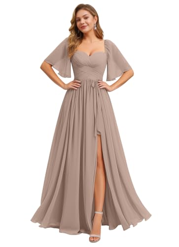 Image of IIF Women's Chiffon Bridesmaid Dresses for Wedding Flutter Sleeves Ruched A Line Long Formal Dress with Slit IIF149