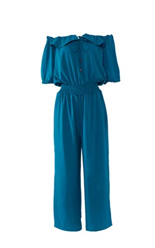 Macacão ombro a ombro pantalona em crepe com mangas bufantes e fenda amarelo Donna Brasiliana (Amare