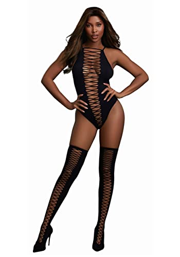 Dreamgirl Women's Opaque Seamless Criss-Cross Teddy and Matching Stockings Set Underwear, black, One Size