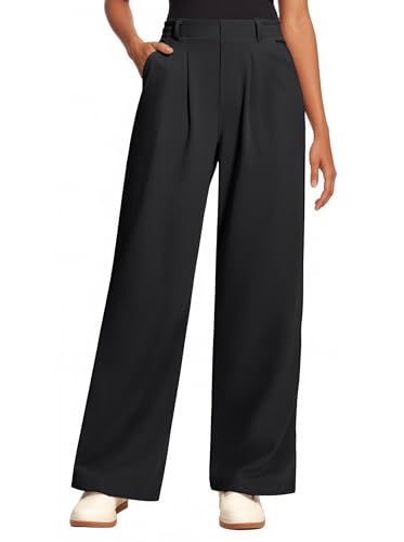 Image of Oyamiki Ladies Black Trousers with Pleated Front Petite Trousers Short Leg Flowy Pull on Office Elastic Waist Dressy Pants S