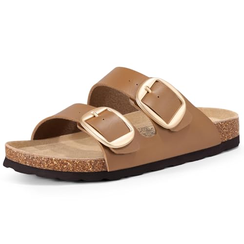 Image of KIDMI Women's Cork Footbed Slide Sandals Comfortable Arch Support Outdoor Sandal with Big Adjustable Buckle for Summer