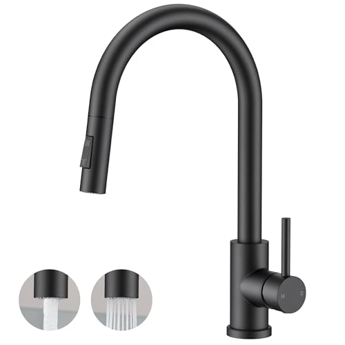 Image of FORIOUS Black Kitchen Faucet with Pull Down Sprayer, Classic Single Hole Kitchen Sink Faucet with Deck Plate, Single Handle, High Arc Stainless Steel, Fit for RV Bar Farmhouse Laundry Outdoor