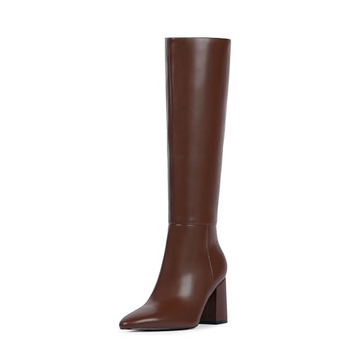 Pointed Toe Knee High Boots for Women Brown Chunky Heel Tall Boots Women Side Zipper Fall Boot Size 9.52