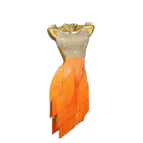 ZYDANC Women's Latin Salsa Dance Dress Rhinestone Fringe Ballroom Cha Cha Practice Dancewear Tango Dancing Costumes,Orange,M