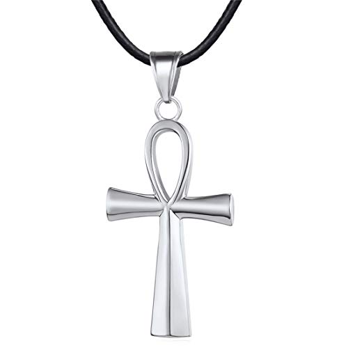 U7 Jewelry Ankh Pendant on Black Leather Braided Chain Hip Hop Style 3D Stainless Steel Egyptian Cross Necklace 24 Inch