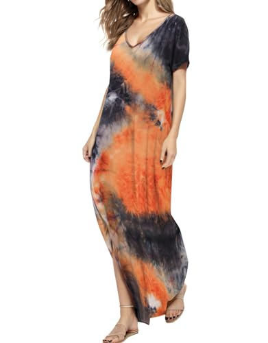 Image of Match Women's V-Neck Casual Loose Short Sleeve Long T-Shirt Dress Split Maxi Dress with Side Pocket