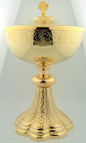 Grapes & Wheat Engraved Ciborium w/t Celtic Cross Cover Brass/Gold Plate