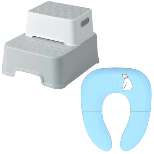 LINXAS 補助便座 おまる 折りたたみ トイレトレーニング 子供用 幼児用便座 キッズ用便座 子どもトイレ ベビー補助便座 (3WAY踏み台(グレー)+(補助便座しろくまさん・ブルー)セット)