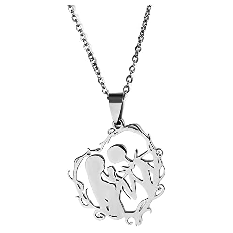 HAYOUWAY Jack and Sally Necklace, Stainless Steel Heart Pendant Necklaces, Nightmare Before Christmas Necklace, Halloween Jewelry Gifts for Women Girls Girlfriends Silver Cover