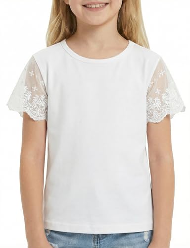 Image of Noomelfish Girls Lace Short Sleeve T-Shirts Kids Summer Cute Tops Blouse(5-12 Years)