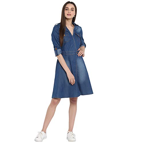 Image of StyleStone (3323DnmCrossBtnDrs Women's Denim Dress with V Neck