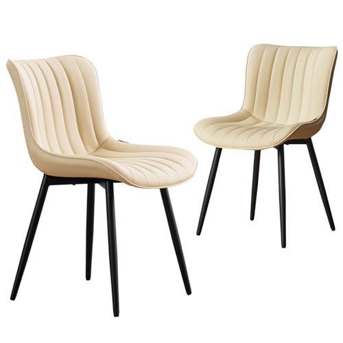 YOUNUOKE Beige Dining Chairs Set of 2 Upholstered Mid Century Modern Kitchen Chair Armless Faux Leather Side Chair with Back Metal Leg for Living Room