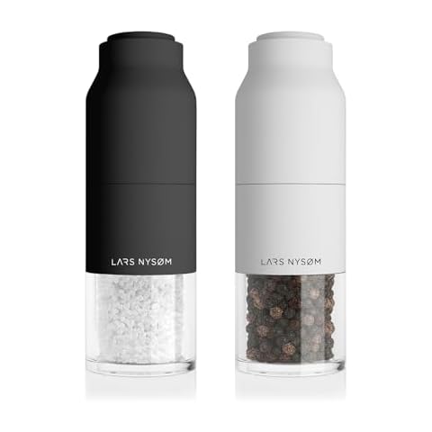 LARS NYSØM Salt and Pepper Grinder Set Stainless Steel with Adjustable Grinder I Bottle Design Spice Mills Set Manual (Black/White) Cover