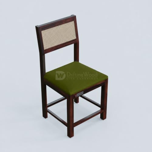 Image of DRIFTINGWOOD Amber Solid Sheesham Wood 6 Seater Dining Table Set with Rattan Back Chairs | Green Velvet Cushioned Seating for Home & Dining Room (Walnut Finish, DIY)