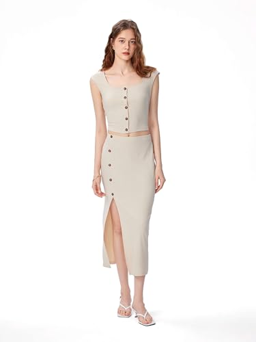 CIDER Two Piece Outfit Button for Women Down Crop Top Midi Skirt Set2