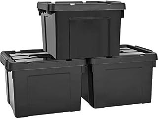 HOHAOO Storage Boxes,Set of 3 80L Heavy Duty Stackable Storage Boxes Nestable Black Plastic with Lids and Box Clip Locked for Shelves and Garage