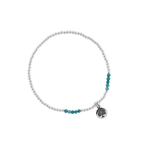 Silverly Sterling Silver Turquoise Bead Bracelet With Engraved Tree Charm - Small Ball Beaded Elastic Bracelet in 925 Silver - Stacker Jewelry for Women - Blue Gemstone Stretch Friendship Bracelets - Main Image