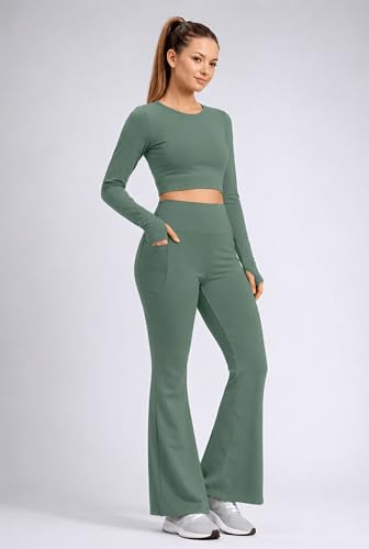 Image of PINAAK FASHION Women's Yoga Co-Ord Set | Full Sleeve Crop Top & Flared High Waist Yoga Pants with Pocket | Thumb Hole Sleeves | Bell Bottom Gym Wear Activewear Tracksuit for Workout, Running & Lounge
