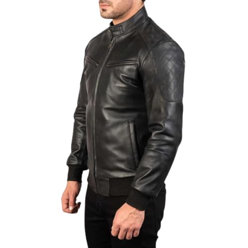 Classic Black Leather Bomber Jacket, Zip Front, Stand Collar, Ribbed Trim, Casual Style, Motorcycle Streetwear2
