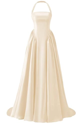 Satin Prom Dresses for Women 2026 Halter Pleated Backless Beaded A-Line Formal Evening Party Ball Gowns with Pockets Champagne 0