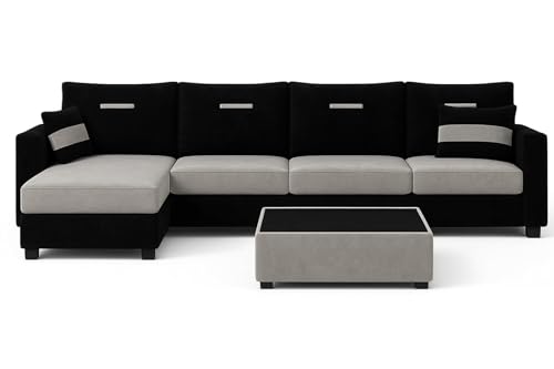 Image of CASASTYLE Driama 8 Seater Fabric LHS L Shape Sofa Set with 1 Centre Table & 2 Puffy (Light Grey-Black) | Velvet Finish | Comfortable Sectional Sofa for Living Room