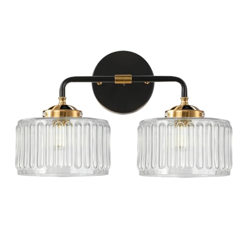Image of Mid Century Modern Wall Sconce Clear Glass 6.7 inch Shade Striped Glass Bathroom Vanity Lights Vintage Style Brushed Finish Black Gold Wall Mount Light for Living Room, Bedroom, Hallway