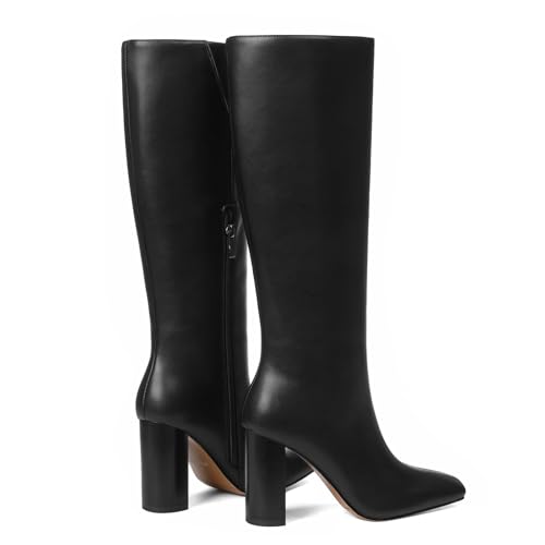 femflame Knee High Boots Women Black Leather Tall Shoes Square Toe Chunky Block Heel Side Zipper Long Boot Wide Calf Boots For Women3