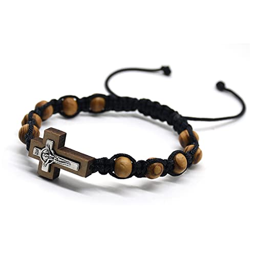 Catholic Wooden Beads Adjustable Men's Bracelets Rosary with Wood Crucifix (Black)