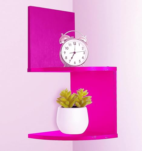 Image of Wall Mount Corner Shelves with Two Tiers for Wall Decoration and Storage Organiser Rack for Living Room, Bedroom, and Office Decor - Made of Wood (Pink)