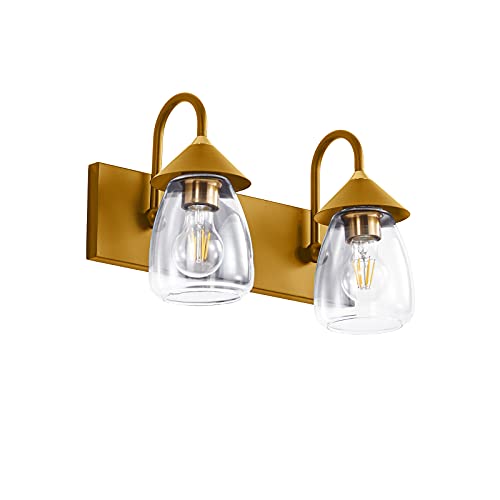 Bathroom Vanity Light Fixtures, 2-Lights Modern Industrial Vanity Light Fixtures Over Mirror, Gold Accent Socket, Wall Mount Lighting Sconce with Clear Glass Shade