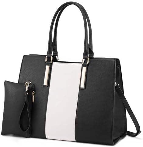 LOVEVOOK Laptop Bag for Women, Large Computer Tote Bag Handbag Shoulder Bag With Clutch Purse, Business Work Briefcase Travel Bag, 2 PCs 15.6-inch, Black-White