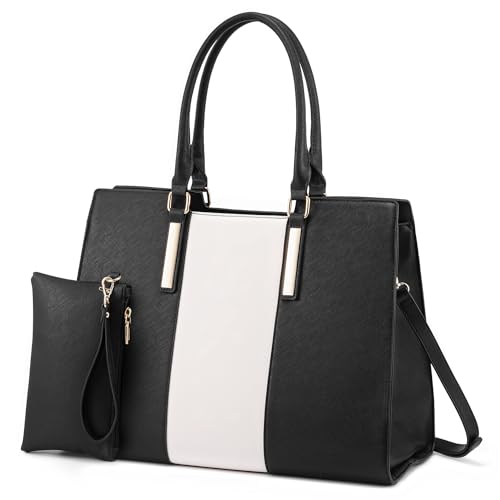 LOVEVOOK Laptop Bag for Women, Large Computer Tote Bag Handbag Shoulder Bag With Clutch Purse, Business Work Briefcase Travel Bag, 2 PCs 15.6-inch, Black-White