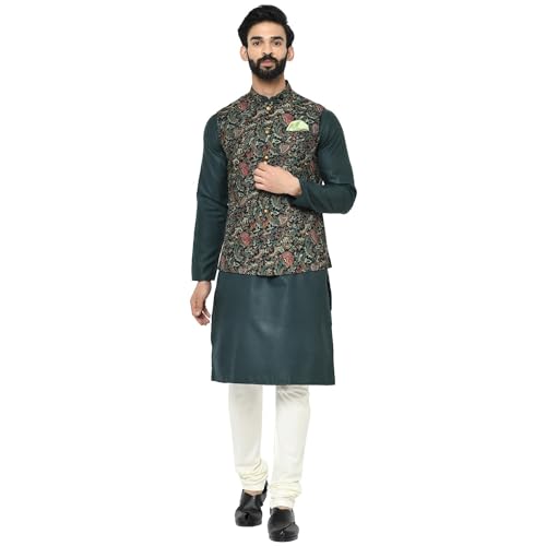 Image of KISAH Men Printed Kurta Jacket Set, Full Sleaves, Knee Length, Straight, Regular Fit, Mandarin Collar Ethnic Wear