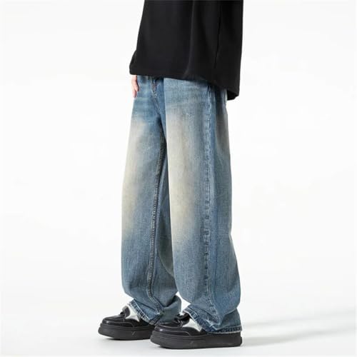 Men Washed Jeans Street Trousers Solid Color Wide Leg Pant Button Streetwear Denim Pants2